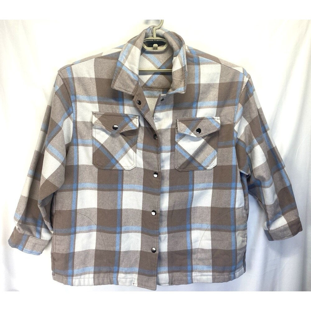 HFX Men' Sz XL Snap Front Toupe/White Plaid Flannel Shacket Cabincore Outdoor